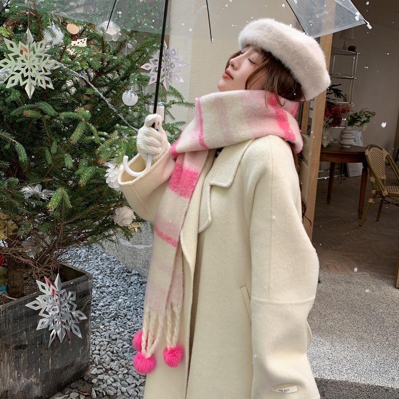 Small Fresh Rainbow Dopamine Scarf Girls Autumn and Winter Student Versatile Fringed Hairball Scarf