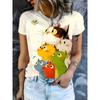 Ladies' Cat Family Portrait Printed T-shirt -6 Cute Cats with Different Expressions, Round Neck Short Sleeves, Playful Design