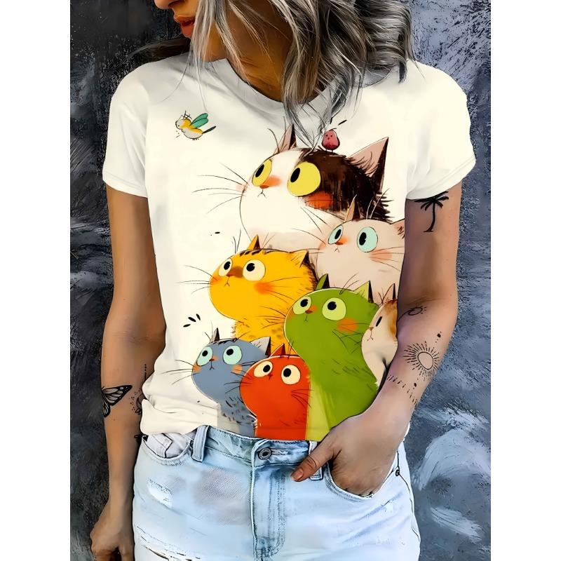 

Ladies Cat Family Portrait Printed T-shirt -6 cute cats with different expressions, round neck short sleeves, playful design S
