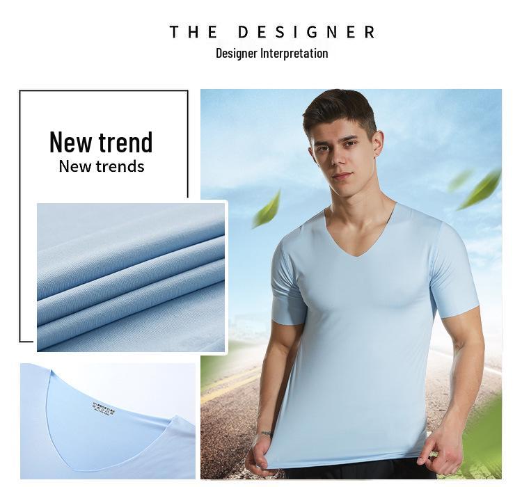 Bezešvé tričko s krátkým rukávem a výstřihem do V z ledového hedvábí, Slim Fit, Prodyšné, Jednobarevné