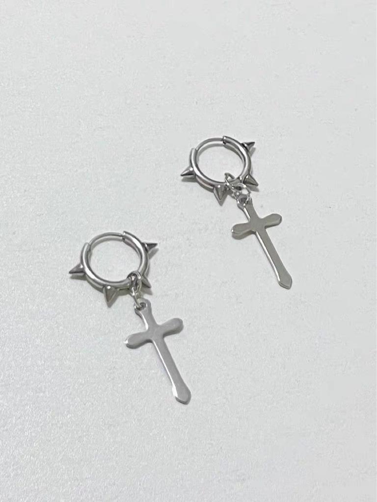Trend Personality Geometry Sliver Color Cross Pendant Rivet Hoop Earrings for Women Men Gothic Punk Piercing Jewelry Accessory