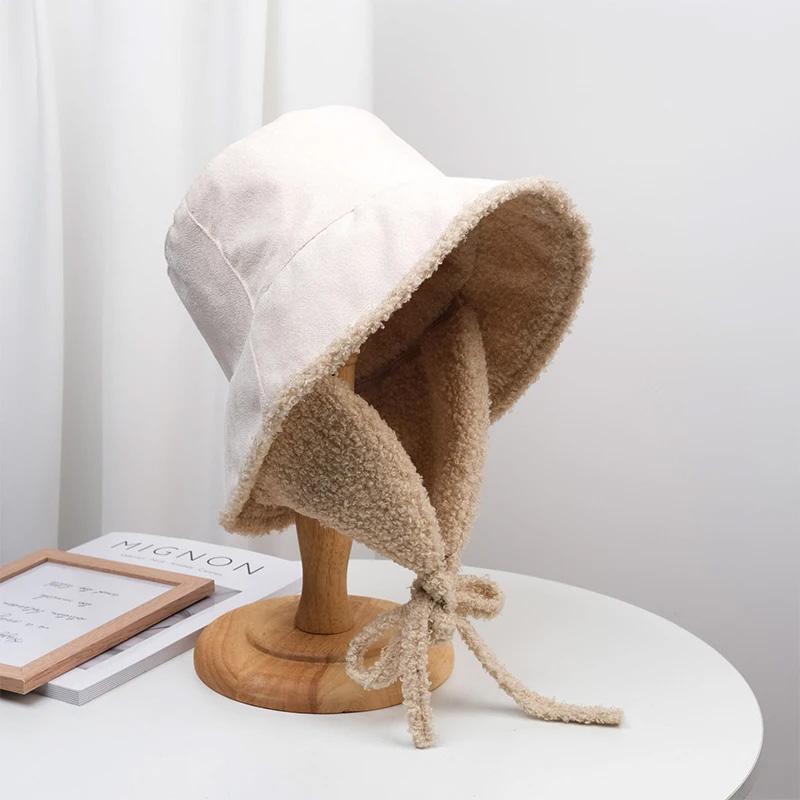 1Pc Bucket Hat Windproof Strap Versatile Lamb's Wool Warm Fisherman Hat Velvet Ear Protection
