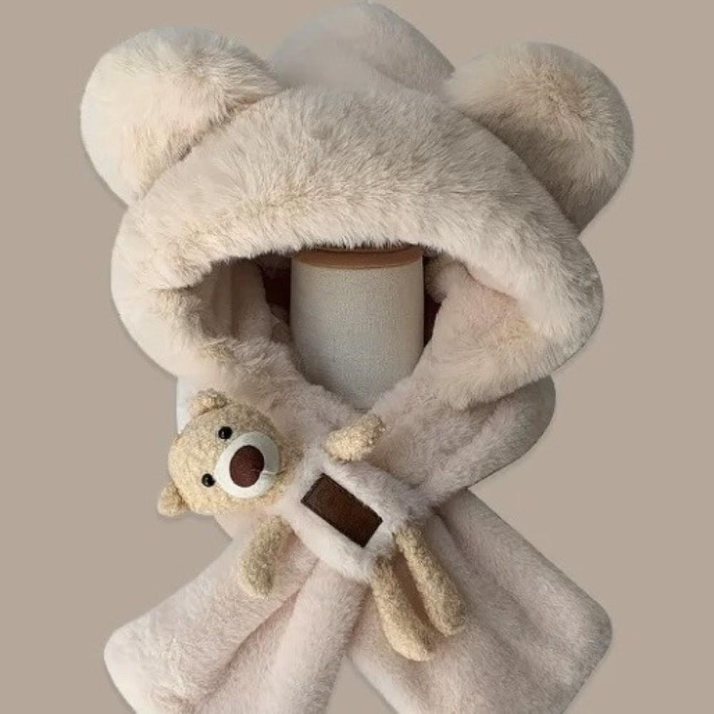 New Cute Bear Integrated Hat Scarf Set Windproof Pullover Cap Coldproof Warm Ear Protection Hat Outdoor Sports