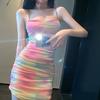 WTEMPO Women Summer Sexy Sleeveless Slip Bodycon Dress Female Rainbow Color Gradient Wrap Party Beach Club Mini Dresses Outfits