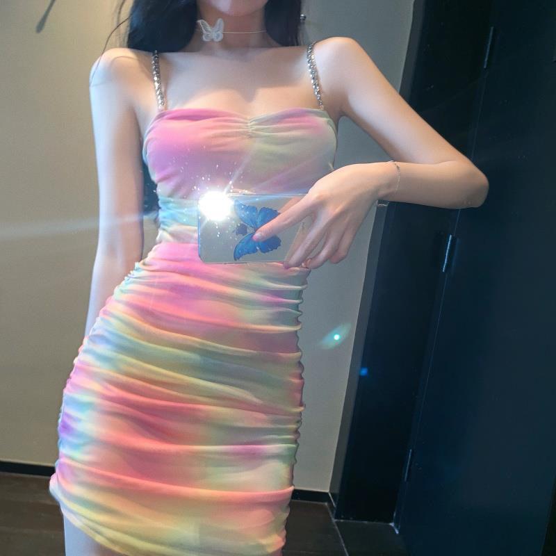 WTEMPO Women Summer Sexy Sleeveless Slip Bodycon Dress Female Rainbow Color Gradient Wrap Party Beach Club Mini Dresses Outfits