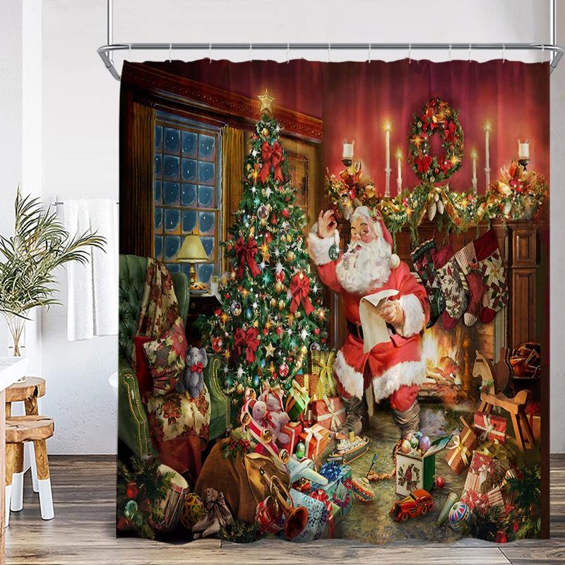 Jultomten Jul Duschdraperi Vinterhus Julgran Gåva Katt Öppen spis Badrumsgardin Tyg Hem Badrumsinredning med Krokar