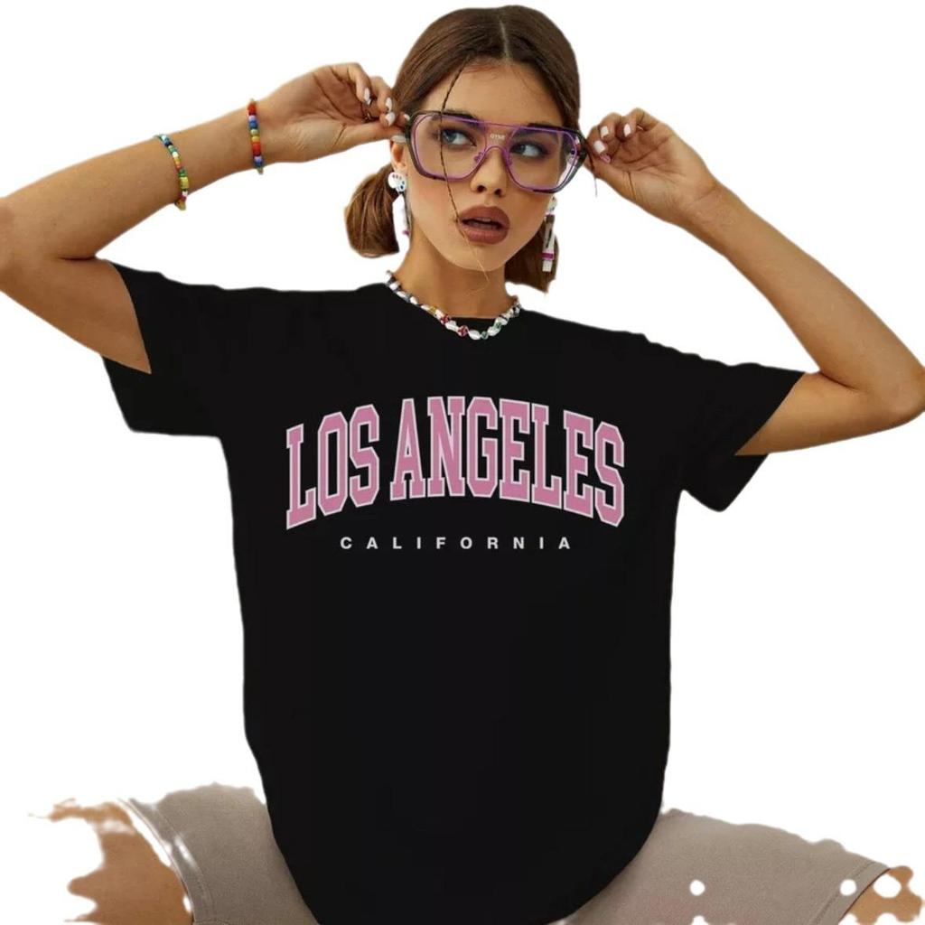 2024 Pure Cotton Women's Loose Fit LA Letter Tee with Regular Shoulder Sleeves