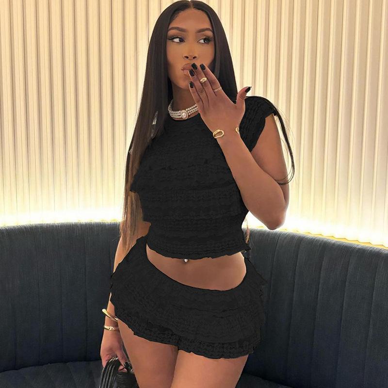 Sladká Spice Girl Dřevěné Ucho Boční Výřez Ramínkový Top Ženy Léto Krajka Krajka Pom Pom Šortky 2 Díly