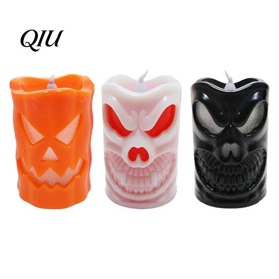 Battery Operated Spooky Candle Flameless Halloween with LED Light, Ghost Face Pumpkin Skull Design 3D Textured Safe Indoor Outdoor
