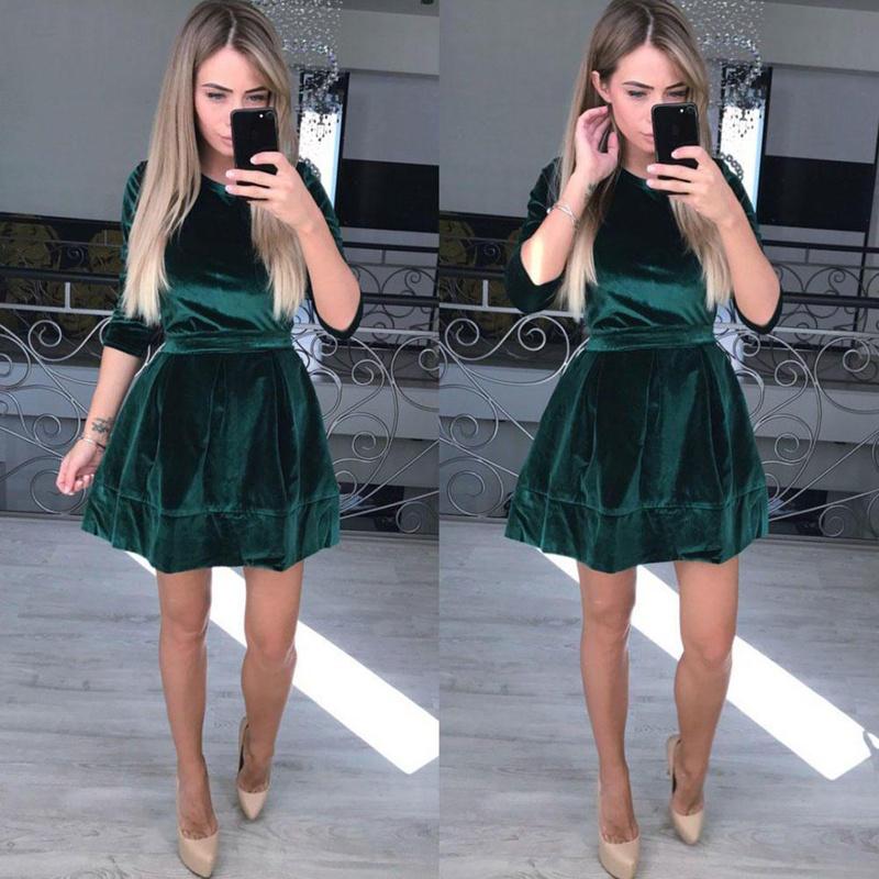Elegant Women Dress Fashion Velvet Swing Plush Party Evening Prom Skater Midi Dress