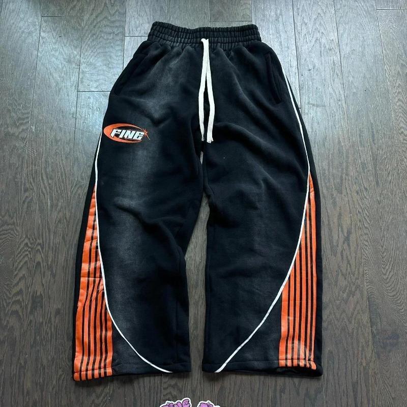 Winter High Street Hip Hop Casual Colorblock Sweatpants Loose Straight Leg Drawstring Pants Unisex Women Khaki