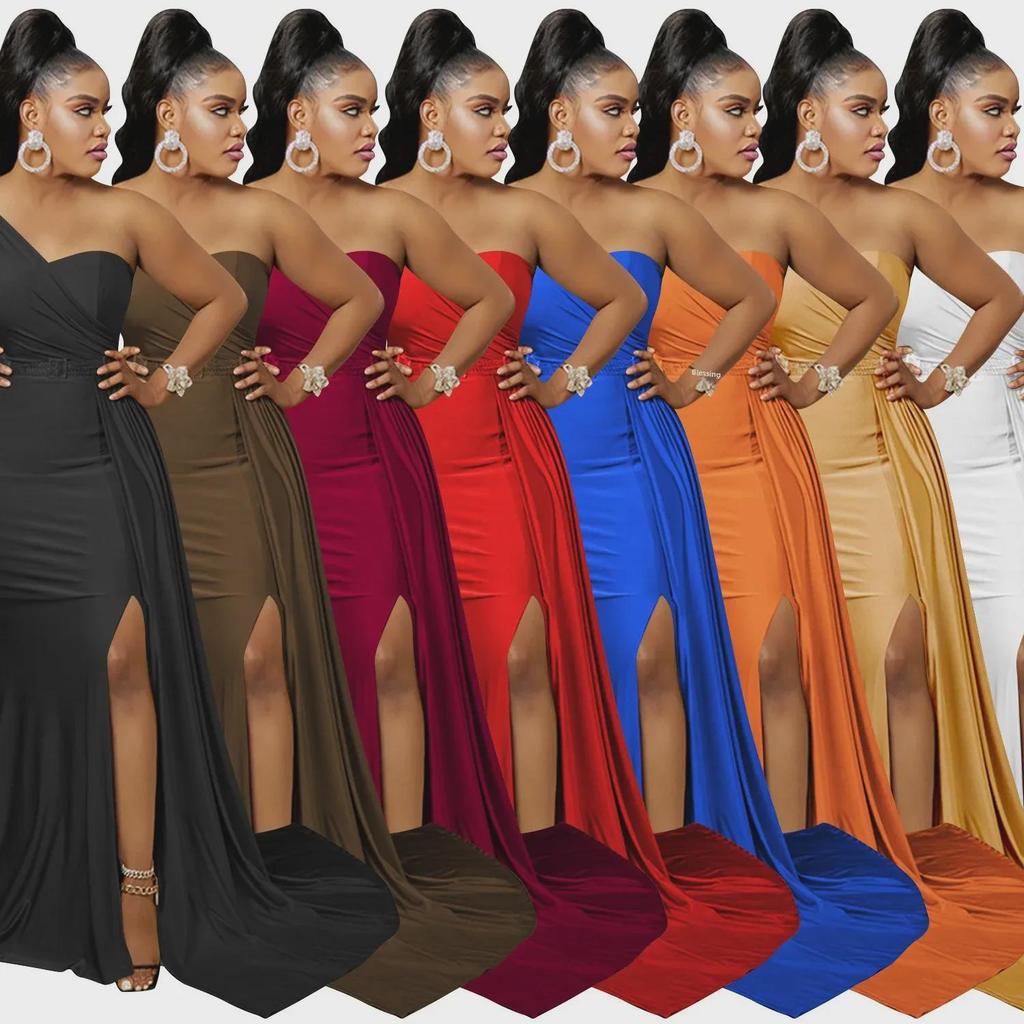 New European & American Fashion Solid Color One-Shoulder Party Dress for Women