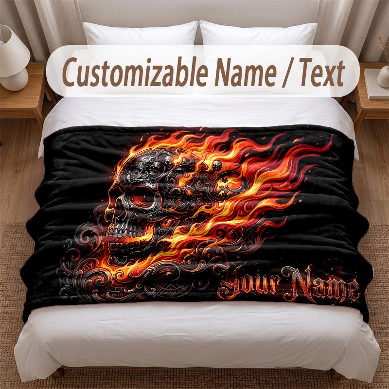 Skull Gothic Theme Soft Blanket Personalized Custom Name Text Print Warm Blanket Home Sofa Bedroom Decor