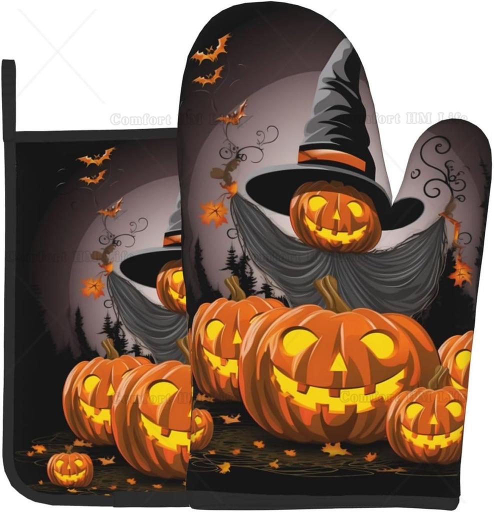 Oven Mitt and Pot Holders 2 Piece Set Happy Halloween Castle Pumpkin Non-Slip BBQ Gloves for Kitchen Cooking Baking