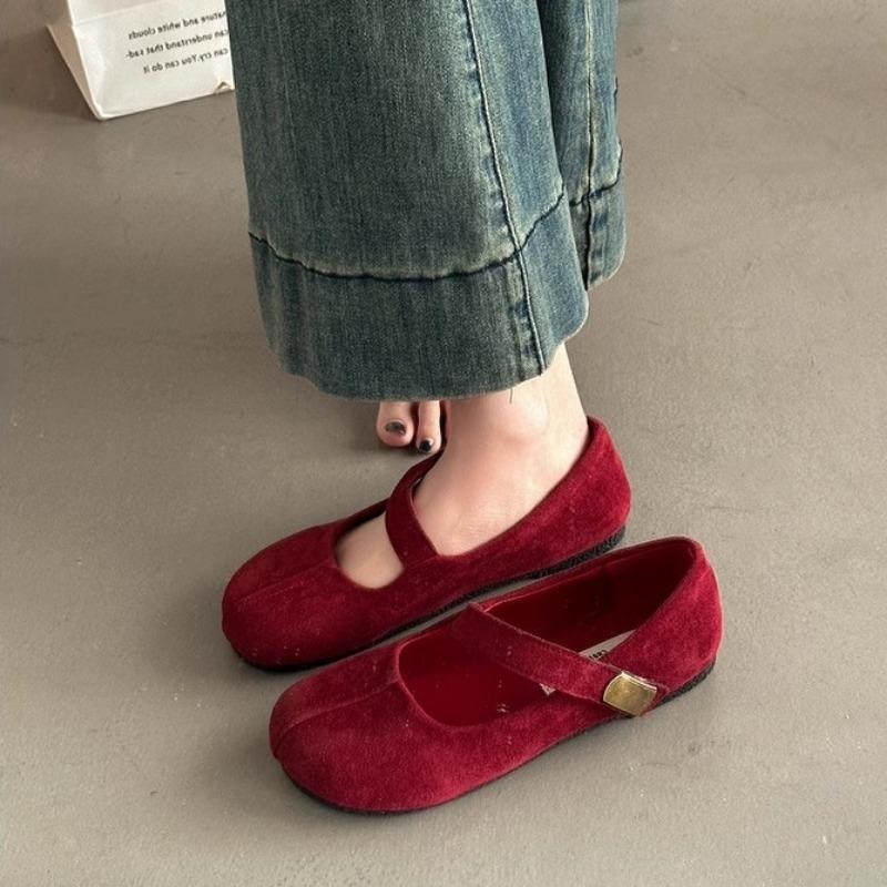 Outono com saia sapatos Mary Jane de sola macia novo vermelho retrô bico redondo boca rasa sola plana sapatos únicos mulheres