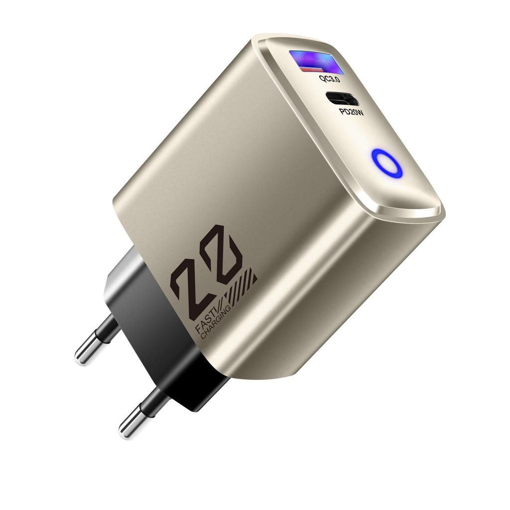 Metallic 20W Type-C Charger with Mini USB+PD Fast Charging Head, European Standard