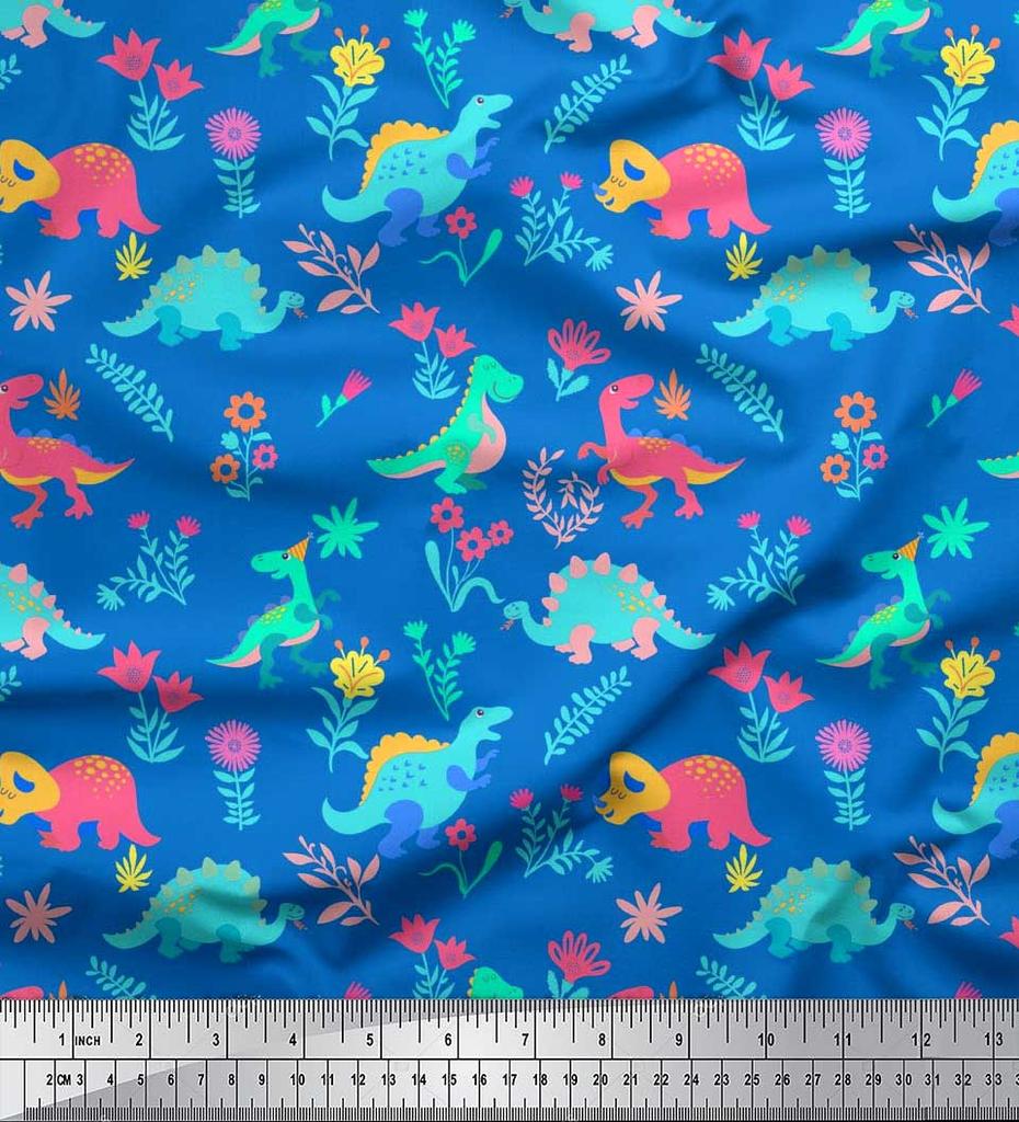 Soimoi Black Japan Crepe Satin Fabric Aster Flower & Dinosaur Kids Print Fabric by Metre 42 Inch