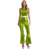 Women 70s Disco Costume Jumpsuit S-3XL - Shiny Metallic Lapel Collar Sleeveless High Waist Flared Disco Dance Singer Outfit