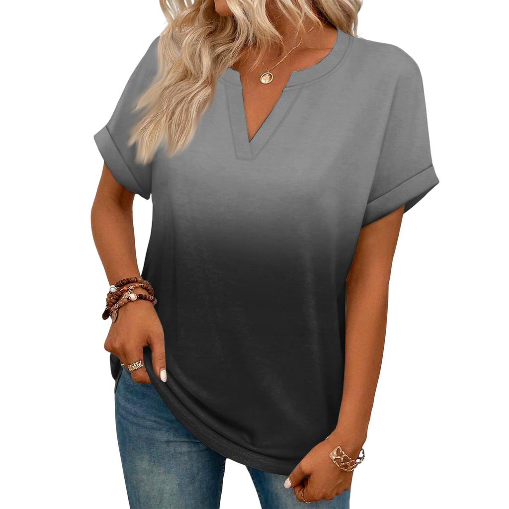 Modny Damski Casualowy T-shirt z Dekoltem V, Krótkim Rękawem i Gradientem
