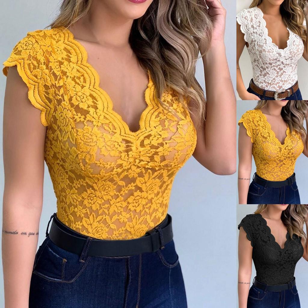 Women Sexy Solid V-neck Sheer Mesh Lace Sleeveless Slim Bodysuit