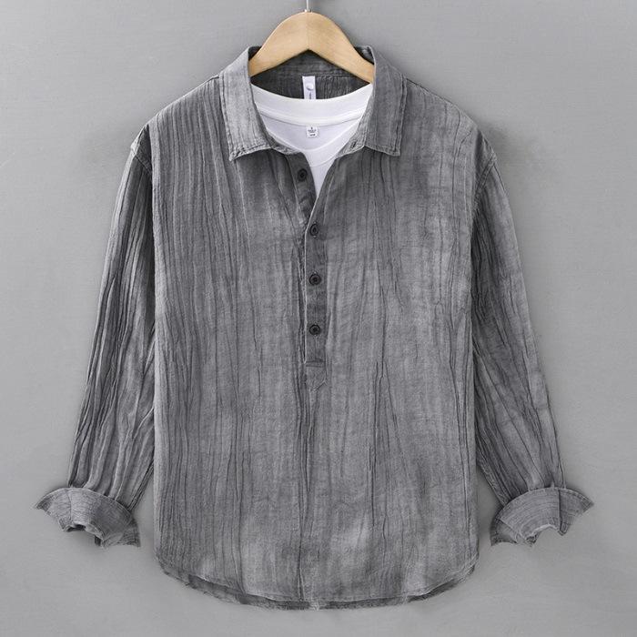 New Retro Men's Ramie Tiny Long-sleeved Shirt Casual Wrinkle Pullover Thread Shirt