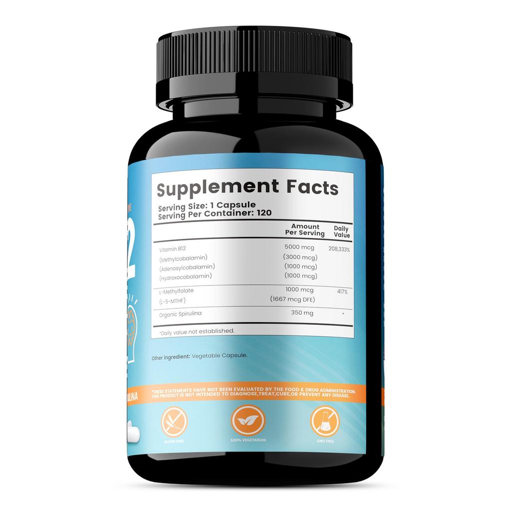 Vollspektrum-Vitamin-B12-Kapseln enthalten alle drei natürlichen Formen von Vitamin B12 und aktive Folsäure, die helfen, Energie, Konzentration und Stimmung zu steigern.