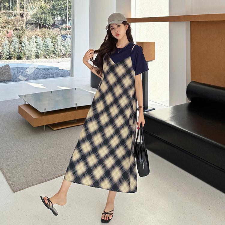 DIMANAF Women 2025 New Summer Plus Size Casual Plaid Short Sleeve Dress Basic Loose Long Dress Maxi