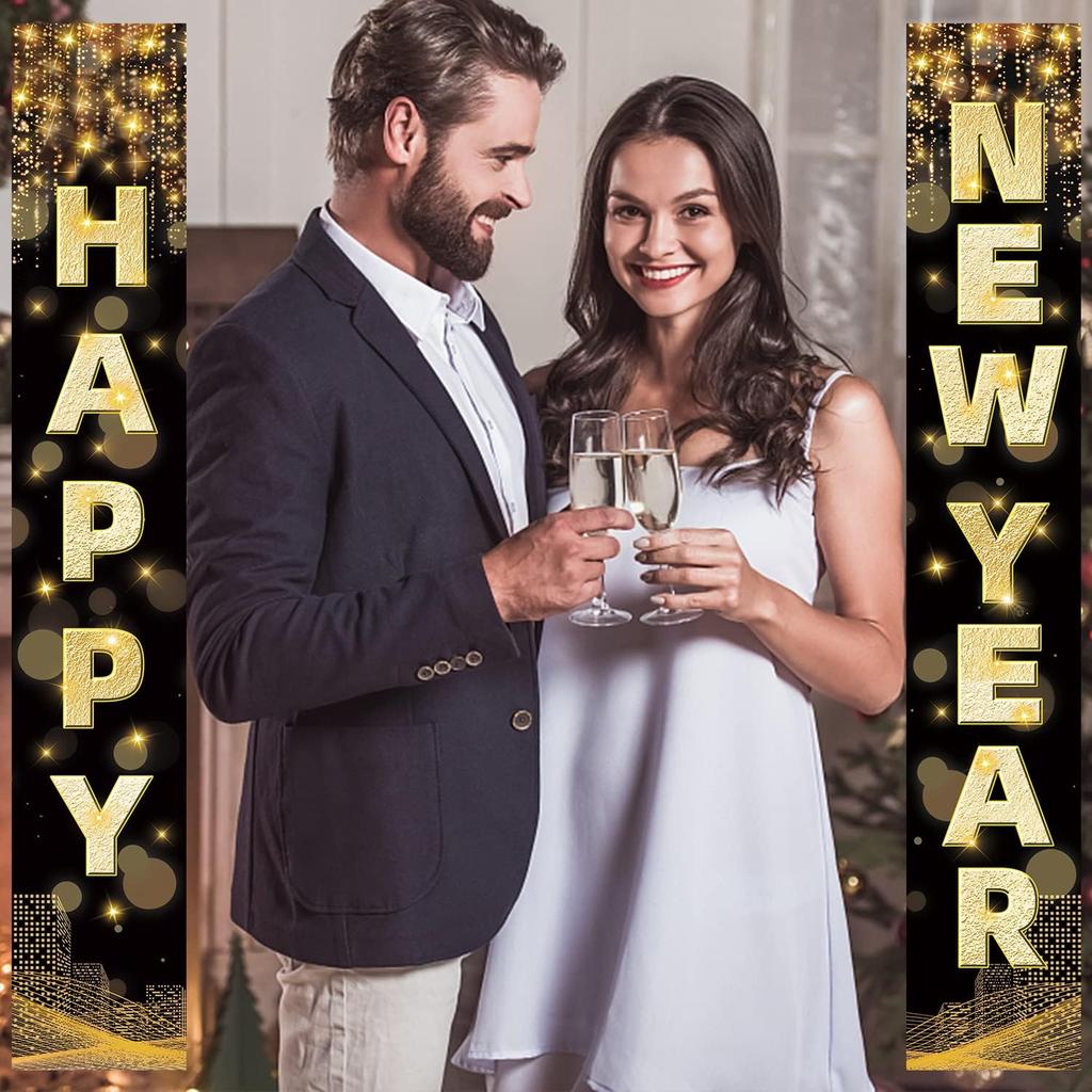 Labeol Happy New Year Banner, 72 x 12 Inch Large Front Door Porch Sign Hanging Banner Decorations New Years Eve Party Supplies 2025, Happy 2025