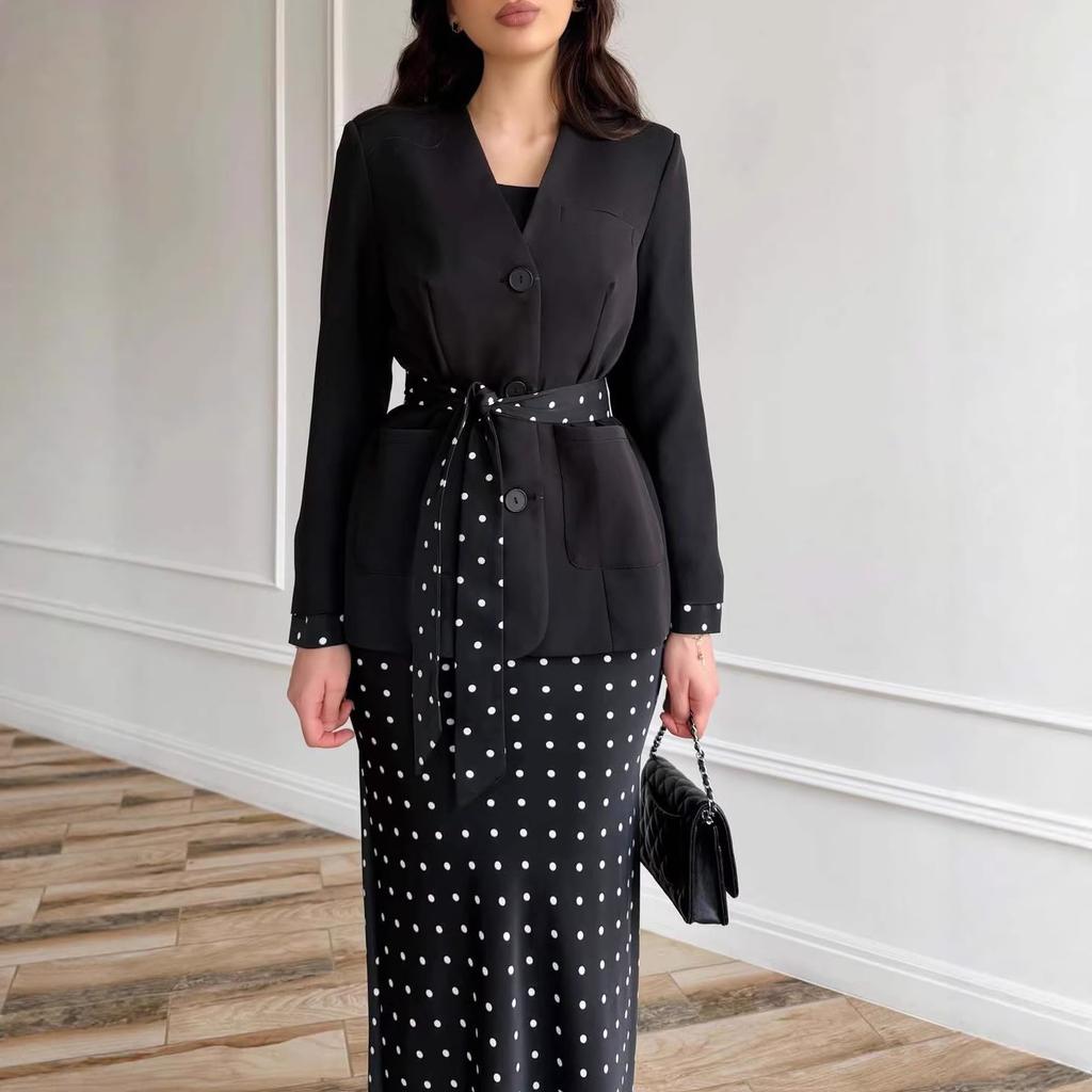 Cross-border European and American Women's Clothing  Amazon Sexy Lace-up Casual V-neck Jacket Fashion Polka Dot Skirt