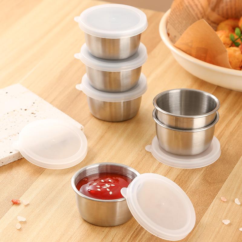 304 Stainless Steel 40ml Condiment Dish with Plastic Lid, Leak-proof Sauce Cup, Simple Ins Style Dipping Dish