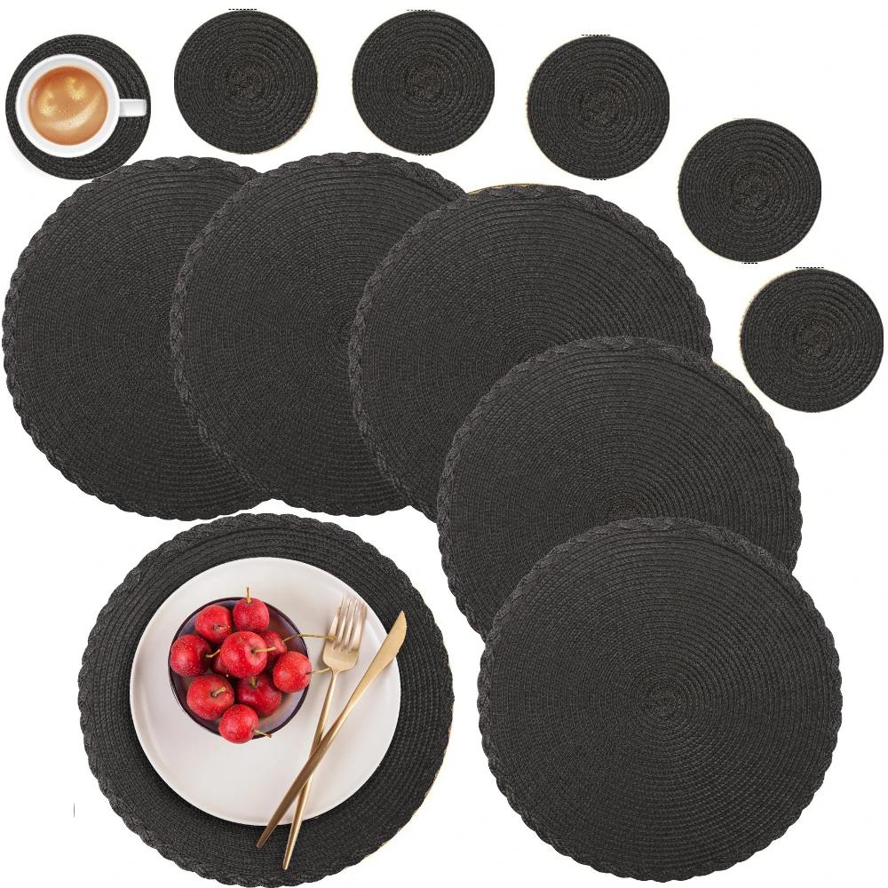 6Pcs Round Table Mat and Cup Coasters Set Woven Ramie Placemats Anti Slip Dining Placemats Non-Slip Tableware Bowl Pads Kitchen