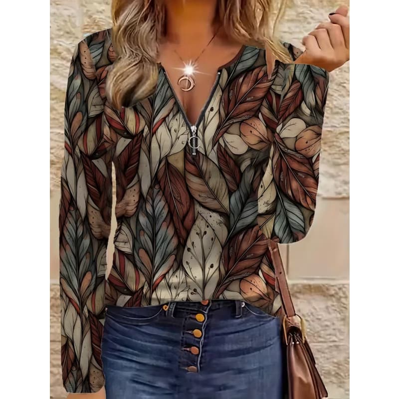 Women's creative printed zipper long-sleeved T-shirt, breathable, soft and comfortable, suitable for all-year-round casual wear