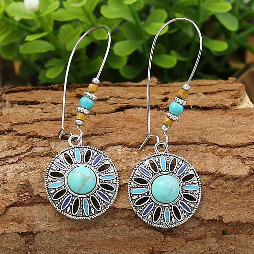Vintage Round Geometric Jewel Red Skinny Earrings Round Ethnic Style Internet celebrity Women's Earrings