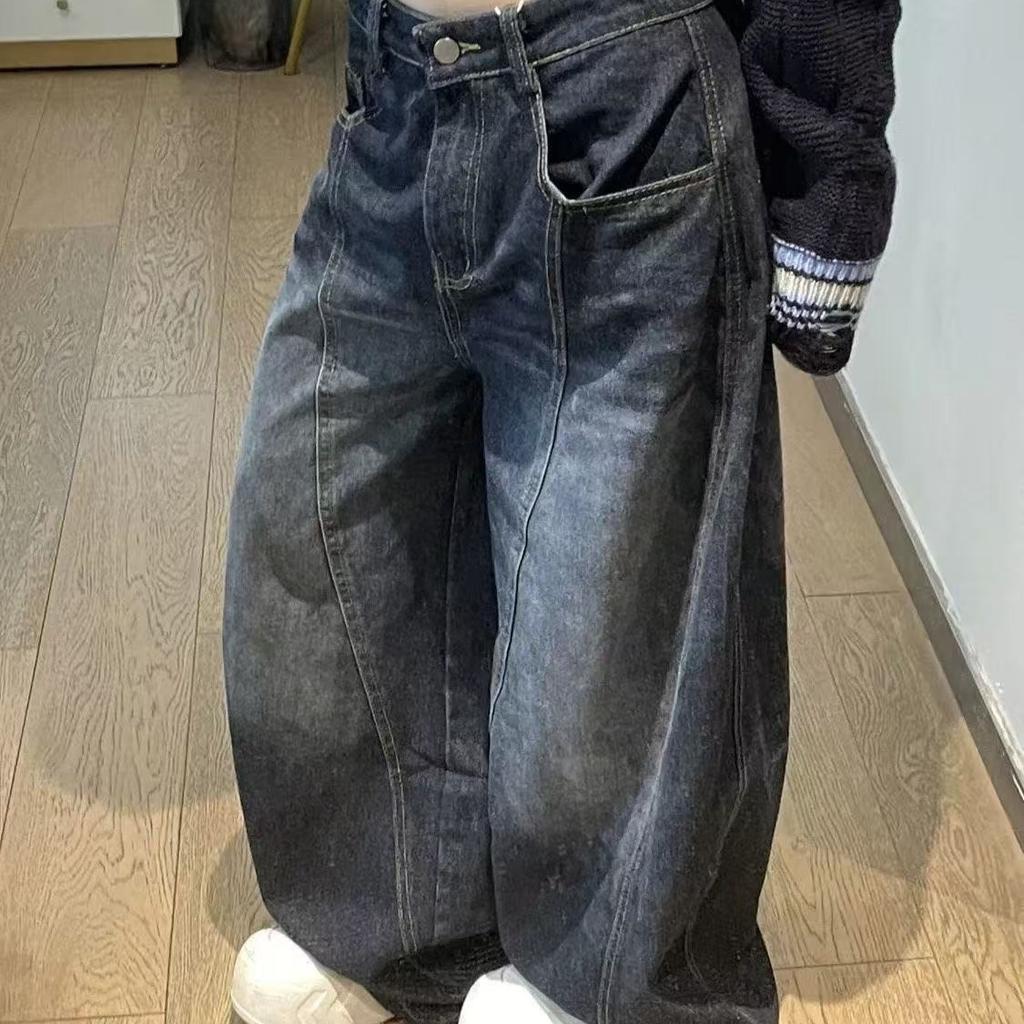 Blue Women's Retro Y2K 2000s Wide Leg Baggy Casual Denim Trouser High Waist Loose Jeans 2024 Autumn Harajuku Full Length Pants