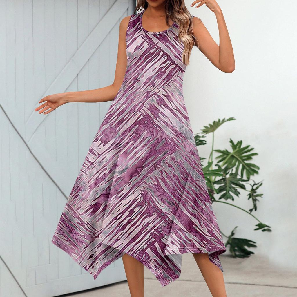 Damen Casual Fashion Rundhals ärmelloses Print unregelmäßigen Saum Midikleid