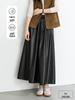 Yifei High-Waisted Black PU Leather A-Line Pleated Skirt - Women's Slimming Long Umbrella Skirt, 2026 Style.