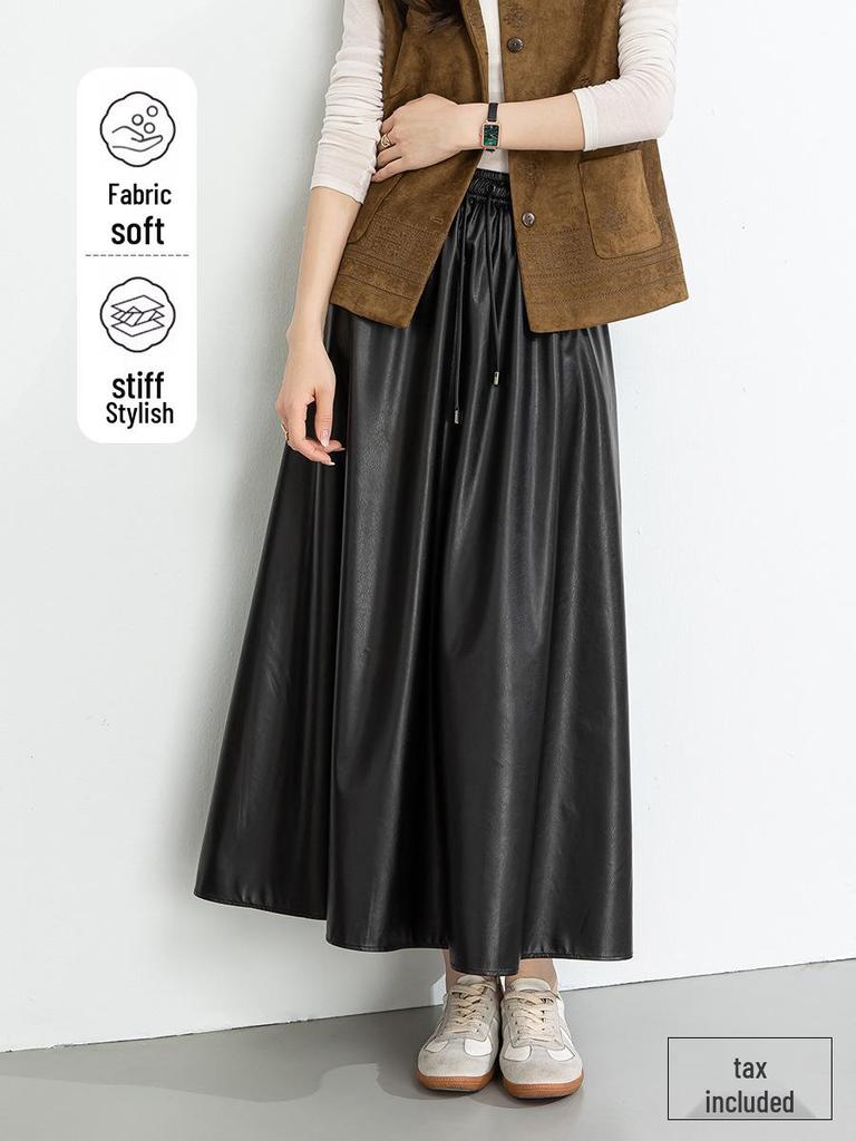 Yifei High-Waisted Black PU Leather A-Line Pleated Skirt - Women's Slimming Long Umbrella Skirt, 2026 Style.