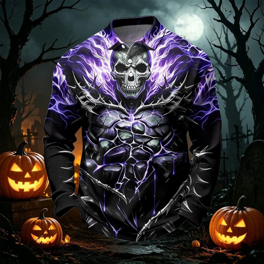 Men's Quick Dry Mesh Long Sleeve Golf Shirt Halloween Print