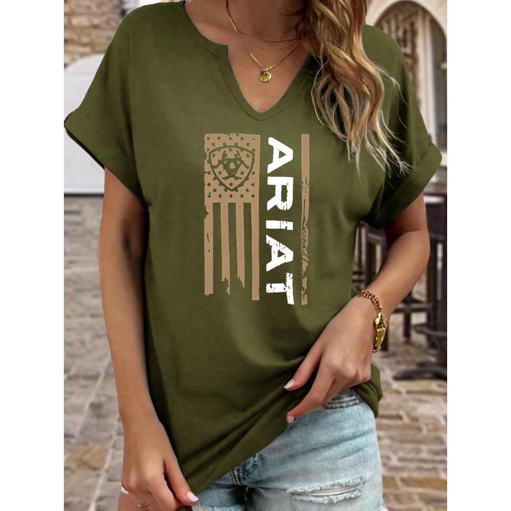 Women's Summer Crew Neck Short Sleeve T-Shirt, Ariat Distressed American Flag Print, Western Style Casual Top