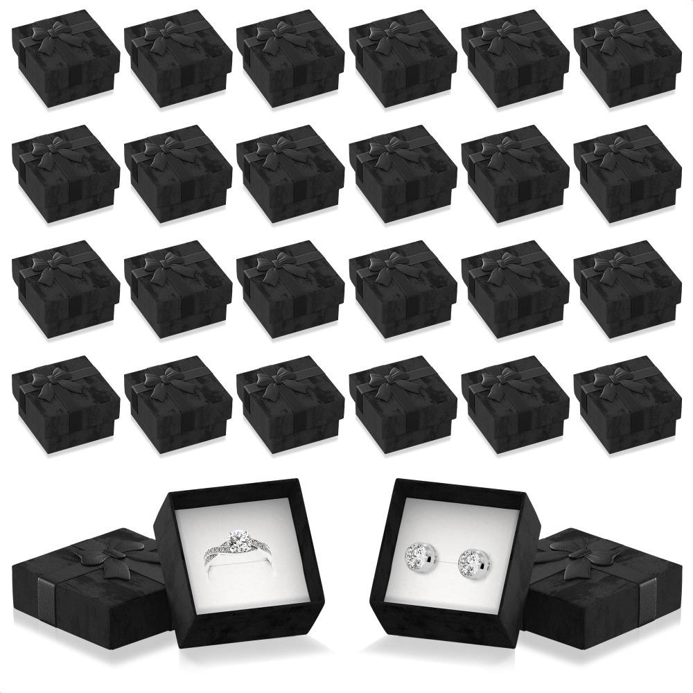 24pcs Black Ring Gift Box with Ribbon Bow Hard Cardboard Jewelry Boxes Square Gift Cases with Sponge Inside for Earring Ring Necklace Jewelry Gift Box