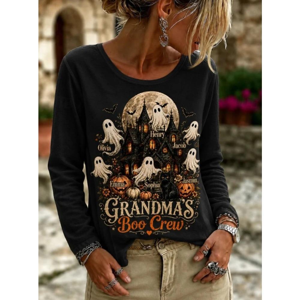 Tops for Women Halloween Print Round Neck Long Sleeve T-shirt Fall Casual Slim Pullover Women's Long Sleeve Top