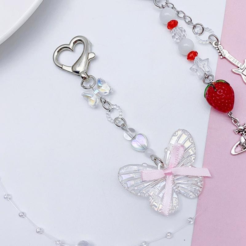 Butterfly Beaded Phone Lanyard Bowknot Pendant Wrist Strap Detachable Phone Chains Keyring Portable Accessory for Women
