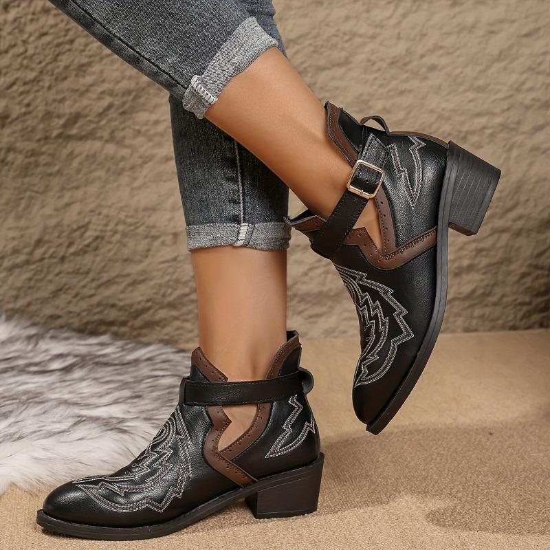 1 Pair Women'S Western Cowboy Boots - Chunky Mid-Heel Square Toe with Buckle Strap Closure, Black Synthetic Cover & Rubber Sole
