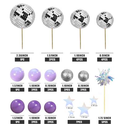 Purple Disco Ball Mirror Balls Cake Decorations with Silver Stars Cake Topper for Disco Dance Party Saturday Night Supplies