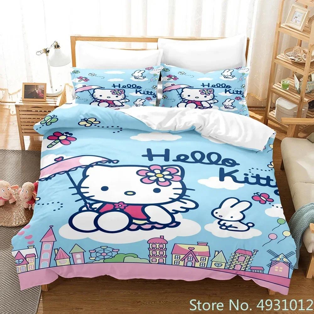 Carino set biancheria da letto Hello Kitty Angelo Federa Anime Giapponese Biancheria da letto Copripiumino Stampato 3D Copripiumino Regalo per Bambini Bambino