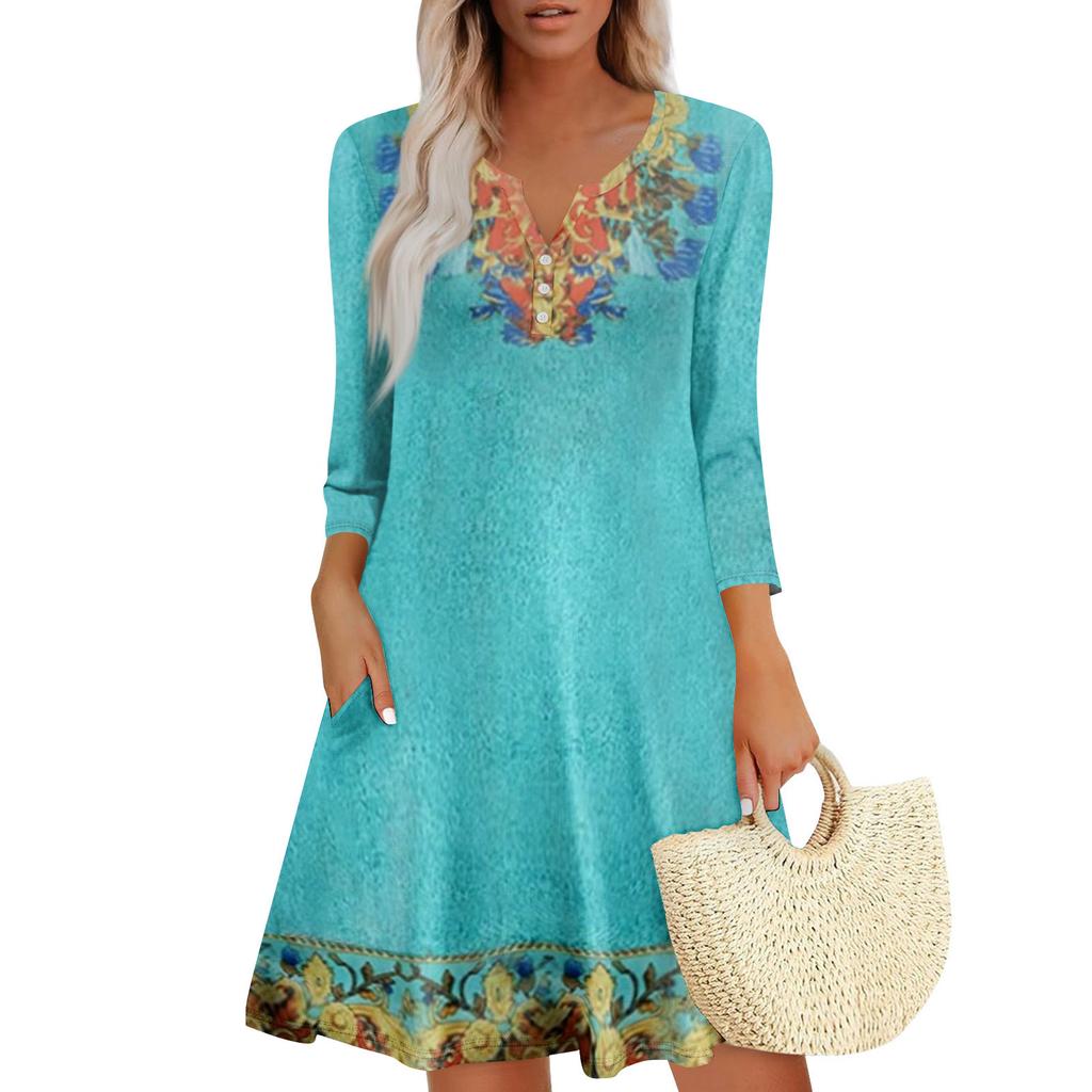 Women's Summer Dress Loose V Neck Three-quarter Sleeve Sundress With Pockets Dress
