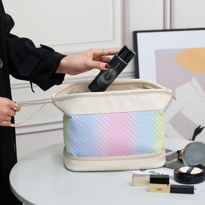 Gradient Color Pu Makeup Bag Skin Care Product Storage Bag Travel Large Capacity Double-layer Toiletry Bag Fashionable