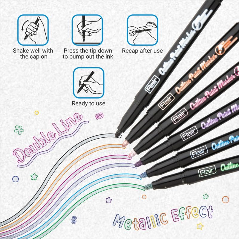FLAIR Creative Series Outline Metallic Paint Marker Pens | Double Line Drawing Pens For Scrapbook, DIY Photo Album, Pain 6
