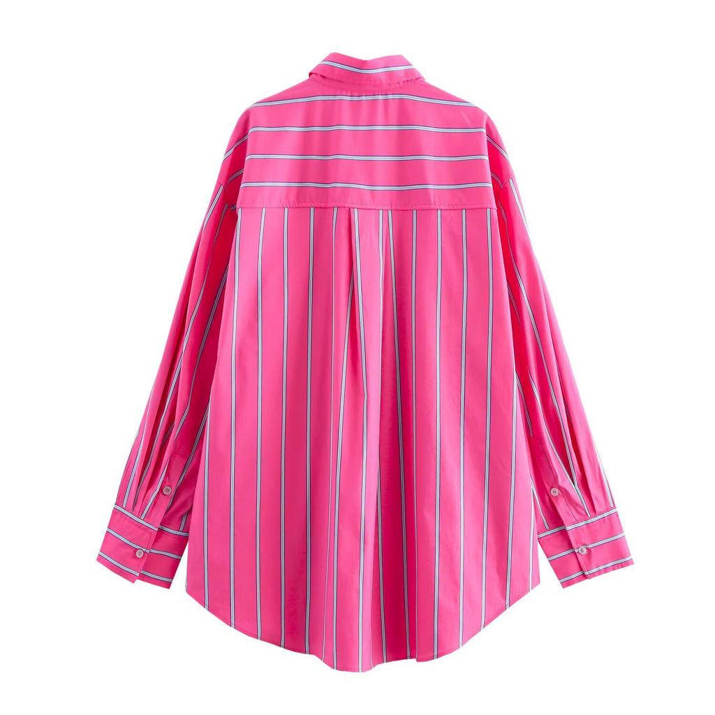 2025 Spring Women's Loose Casual Striped Lapel Shirt - Color Block Design