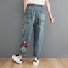 Calça jeans bordada para meninas, desenho animado, para mulheres, buraco na moda, casual, cintura alta, bolsos, mãe, harém, jeans azul